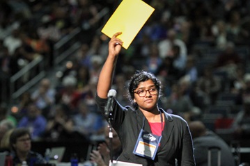 Ann Jacob, reserve delegate from the Eastern Pennsylvania Conference, ask to speak during the 2016 United Methodist General Conference. Photo by Maile Bradfield, United Methodist Communications. Ann Jacob, reserve delegate from the Eastern Pennsylvania Conference, ask to speak during the 2016 United Methodist General Conference. Photo by Maile Bradfield, United Methodist Communications.